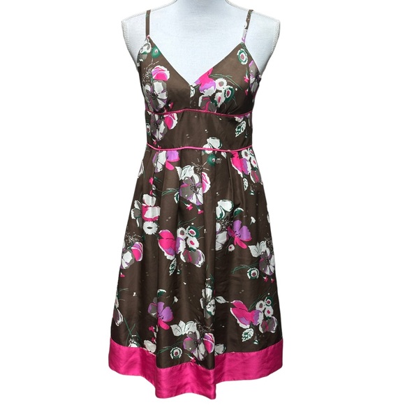 Guess 100% Silk‎ Brown Hot Pink Floral Fit & Flare Dress Size 7 Feminine Summer - Picture 1 of 8